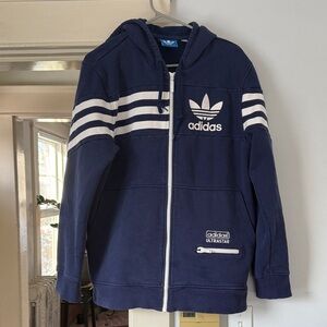vintage Adidas Ultrastar full-zip hoodie in navy blue with white stripes